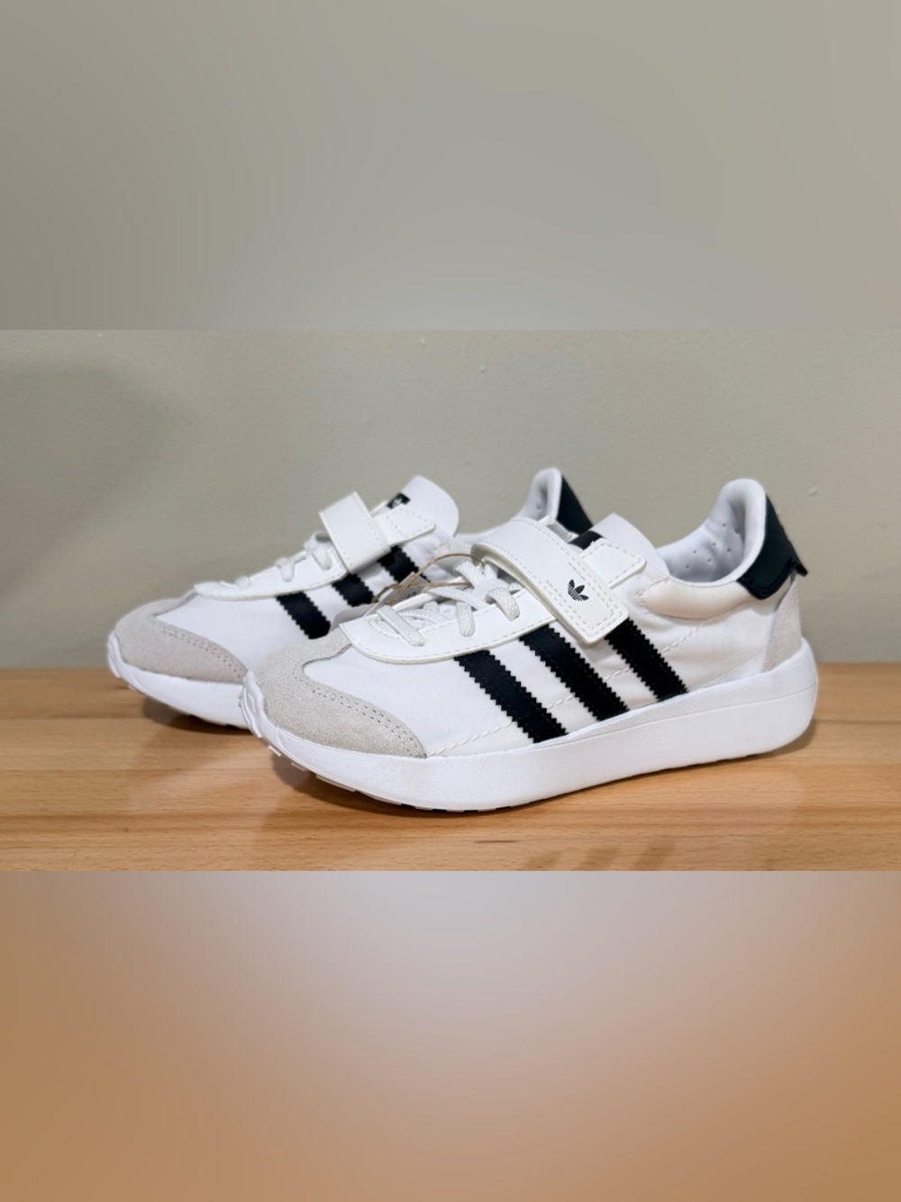 adidas Kids White Sneakers with Black Three Stripes and Velcro